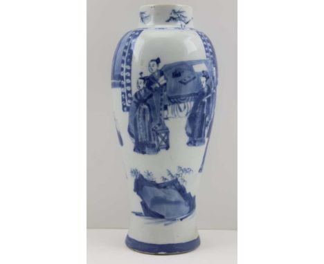 A CHINESE PORCELAIN VASE of baluster form, hand painted cobalt blue decoration, courtly figures in a garden, the base painted