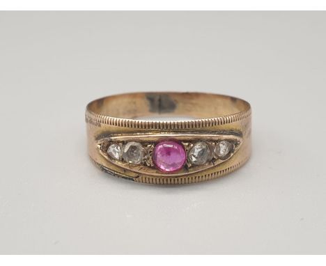 GEORGIAN 9K GOLD RING WITH DIAMONDS AND RUBY IN ANTIQUE STYLE.  1.3gms  size M/N 