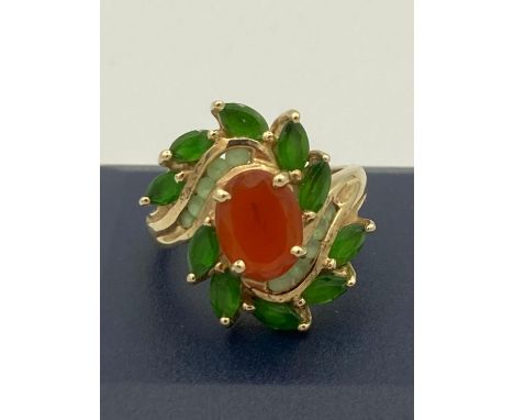 9 carat GOLD COCKTAIL RING in art nouveau style having green tourmaline and Aqua surround with orange Sun gemstone to top. Fu