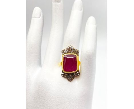 12ct Emerald Cut Ruby Gemstone with Rose Cut Diamond Ring. On Silver gilt. Size Q. 