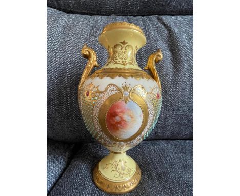 Vintage hand-painted beadwork Coalport Urn Vase, Having vibrant paintwork gilded handles and edging all still in perfect cond