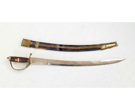 A Vintage/Antique Curved Indian Short Sword. Made in India on base of engraved blade. Blue Velvet scabbard. Wood handle with 