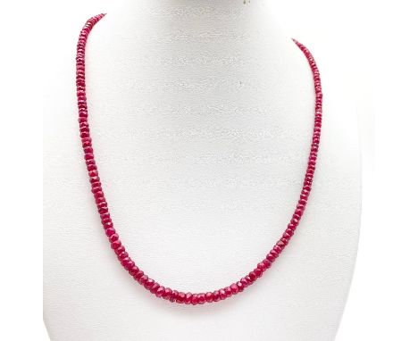 A Single-Strand Ruby Gemstone Necklace with Silver Clasp. 44cm 