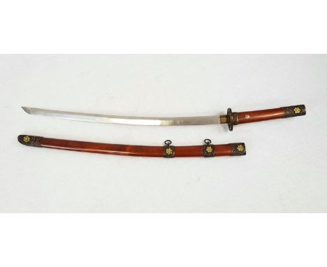 An excellent condition Rare Japanese Daito Sword showing ?Makuma-Hada with Bronze and Stained Wooden Scabbard and hilt, Overa