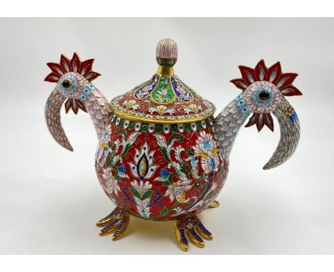 An Antique Russian Silver-Gilt and Cloisonné Enamel Lidded Bowl/Kovsh. Richly gilded with Double Peacock head handles and ins