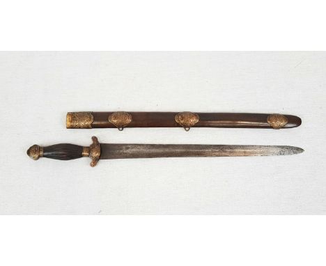 Rare and Antique Chinese Steel Jian Short Bladed Sword With Highly Decorated Wood and Bronze Scabbard overall length 63cm 