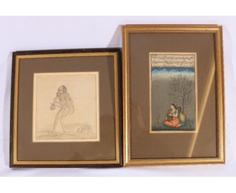 Indian miniature painting of a girl seated in a garden and an Indian pencil sketch of an itinerant musician playing a ravenha