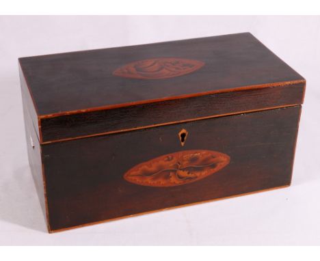 19th century mahogany and marquetry inlaid tea caddy decorated with shell motif, the interior with twin divisions and cut gla