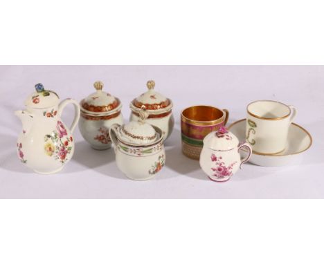 Vienna sparrow beak pot and cover with floral decoration and four custard pots and covers, Meissen style coffee cups, saucer,