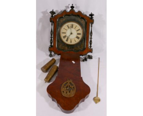 Walnut and black lacquer wall clock, scalloped frame enclosing a circular dial, Roman numerals, striking coil. 44cm high