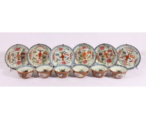 Set of six early 19th century Chinese famille rose tea bowls and saucers with cafe au lait enamel to the exterior, tea bowls 