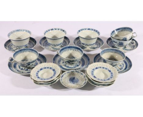 Set of four Chinese late 19th/early 20th century blue & white cups and saucers, two further similar saucers  also decorated w