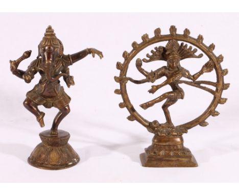 Late 19th century Indian bronze figure of a dancing Ganesh and another bronze of dancing Shiva, 21cm and 22cm (2)