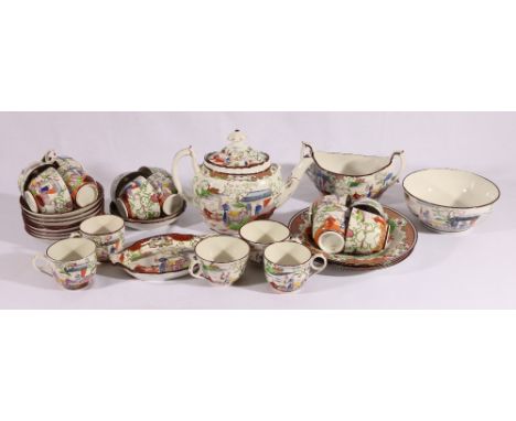 19th century English teaset with chinoiserie decoration comprising teapot and stand, sugar bowl, slop bowl, thirteen teacups 