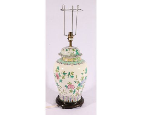 20th century Chinese famille rose baluster jar and cover lamp base, with ruyi head and palmate bands and flowering branches, 