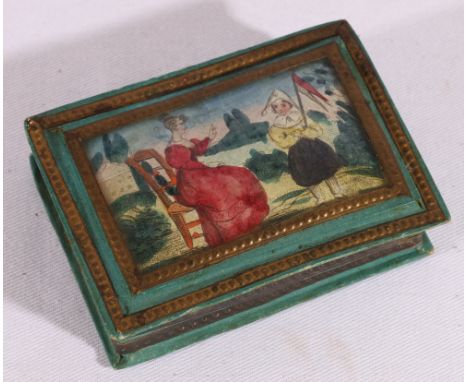 19th century French patch box with hand painted miniature sketch of two figures to the cover, mirrored interior and metal str