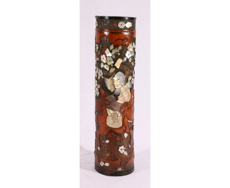 Japanese bamboo stick stand or vase, carved and decorated with a Samurai and horse with mother of pearl detail. Meiji, 51cm