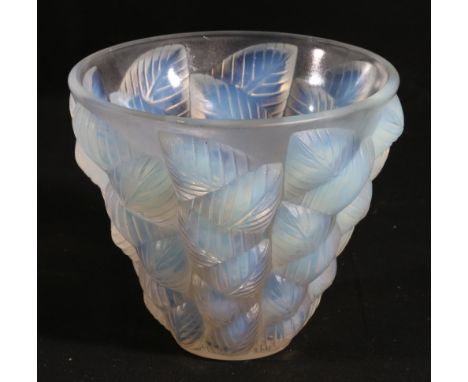 Lalique Moissac pattern vase decorated with leaves in an opalescent glass, R LALIQUE FRANCE NO.992 to the base, 13cm  CONDITI