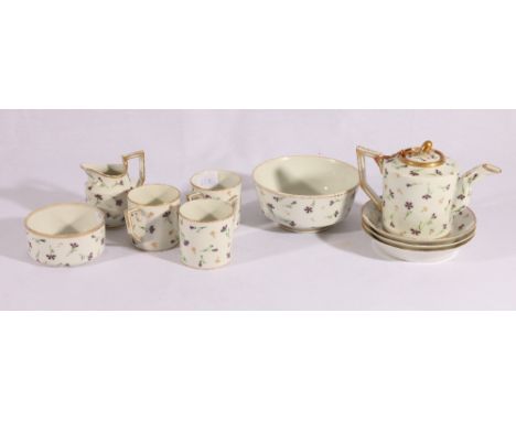 Copenhagen part teaset decorated with purple flower sprigs to include teapot, milk and sugar, three coffee cans and saucers a