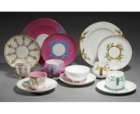 SIX BROWN-WESTHEAD, MOORE &amp;  CO AESTHETIC AND OTHER TEA AND COFFEE CUPS AND SAUCERS AND TWO BAMBOO HANDLED PLATES, C1870-