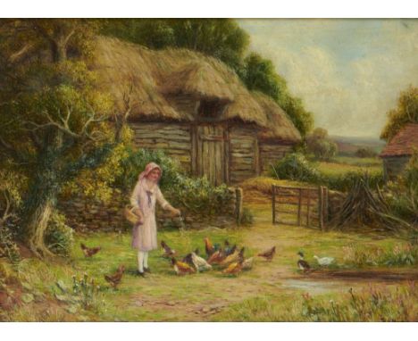 ROBERT JOHN HAMMOND (C1853-1911) FEEDING THE CHICKENS  oil on canvas, 21 x 19cm++In good condition, the varnish requiring a l