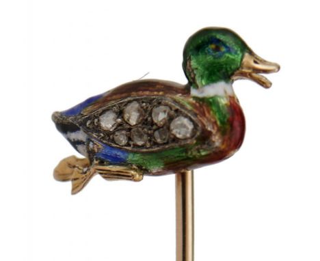 A GOLD STICKPIN WITH DIAMOND SET GOLD AND ENAMEL DUCK TERMINAL, C1900 with old cut diamonds, terminal 1.6cm, 3.5g++Enamel sli
