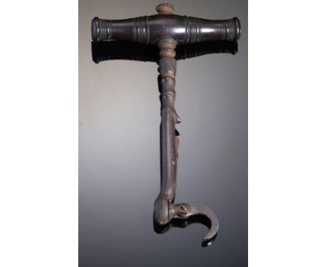 DENTISTRY.  A STEEL TOOTH KEY,  EARLY-MID 19TH C of common construction, the claw pivoted in cross hatched oval shaped bolste