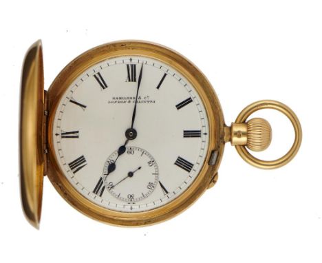 AN ENGLISH 18CT GOLD KEYLESS LEVER HALF HUNTING CASED WATCH, HAMILTON &amp; CO, LONDON &amp; CALCUTTA  No 6719 with enamel di