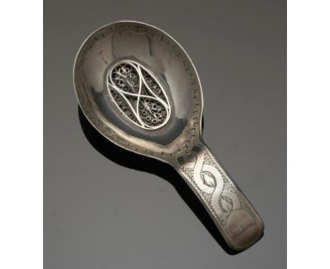 A GEORGE III ENGRAVED SILVER CADDY SPOON   with filigree bowl, 8.5cm l, by Samuel Pemberton, Birmingham 1805, 6dwts++Good con