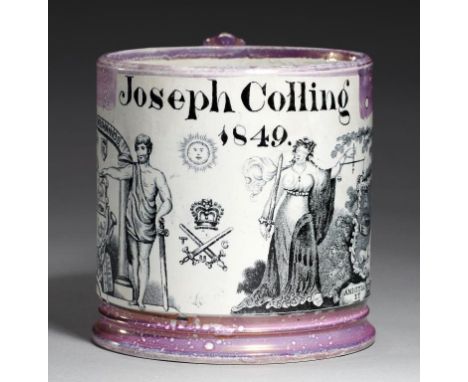 A DATED SUNDERLAND PURPLE MARBLED LUSTRE PORTER MUG, GARRISON POTTERY, 1849 printed in black with Mechanic's Arms and emblems