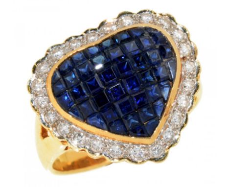 A SAPPHIRE AND DIAMOND RING  of heart shape, with 'invisibly' set calibre cut sapphires in diamond surround, in gold, marked 