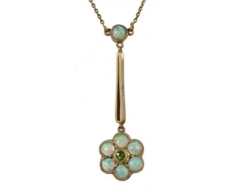 AN OPAL AND PERIDOT PENDANT, C1910 on integral gold necklet, pendant 3.5cm, marked 15ct, 3.5g++An attractive object in good o