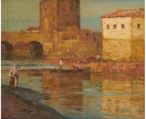 ALBERT MOULTON FOWERAKER, RBA (1873-1942) RIVER SCENE  signed, oil on canvas laid on board, 28 x 33cm++Good condition, possib