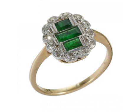 AN ART DECO GREEN STONE AND DIAMOND CLUSTER RING, C1930  in gold, marked 18CT PT, 3.5g++Wear scratches visible under magnific