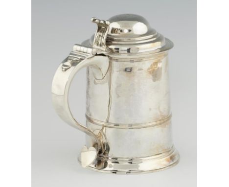 A GEORGE II SILVER TANKARD  18cm h, marked on body, lid and handle, RB probably Richard Bayley, London 1735, 21ozs++Wear cons