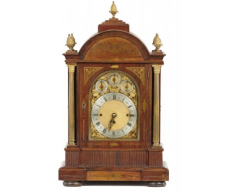 A VICTORIAN GILT BRASS MOUNTED AND INLAID ROSEWOOD BRACKET CLOCK, C1890 the triple chain fusee movement with substantial plat