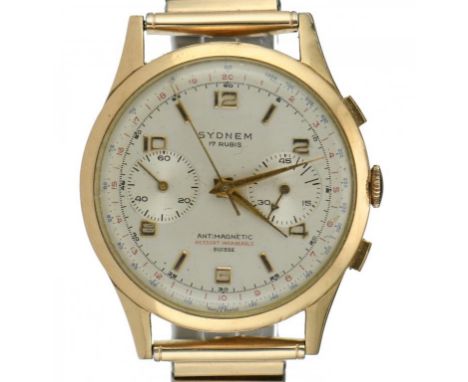 A SURREX 18CT GOLD GENTLEMAN'S CHRONOGRAPH WRISTWATCH    Landron 149 movement, later gold plated expanding bracelet, 3.6cm++W