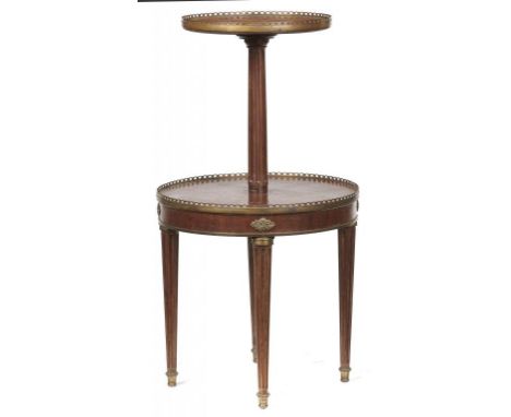 A FRENCH BRASS MOUNTED MAHOGANY ETAGERE, EARLY 20TH C  in Directoire style with breche d'alep marble top, 114cm h, 60cm diam+