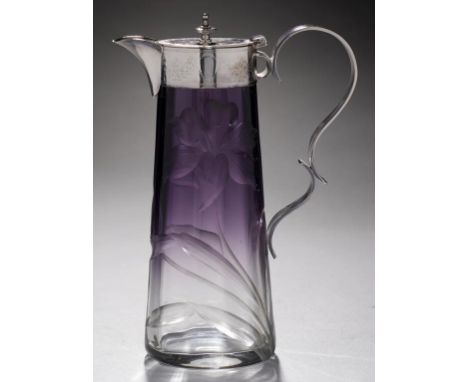 A VICTORIAN ENGRAVED EPNS MOUNTED AMETHYST FLASHED AND WHEEL ENGRAVED MOSER GLASS CLARET JUG, C1900  of tapered oval section,