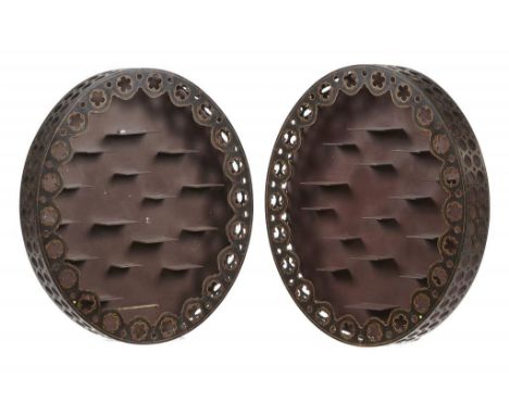 A PAIR OF OVAL REGENCY STYLE FRETTED BLACK AND GOLD PAINTED HANGING SHELVES, SECOND HALF 20TH C 81cm h, 70cm w++Good conditio