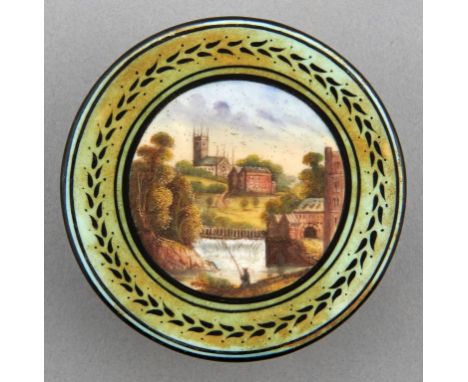 A DATED DERBY PLAQUE, 1841 painted with a view of Darley Abbey in black and green border, 7.8cm diam, painted Darley 1841 in 