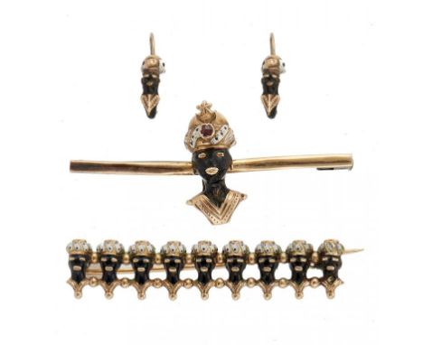 AN UNUSUAL GEM SET GOLD AND ENAMEL SUITE OF TURBANED HEAD DESIGN, EARLY 20TH C including two brooches, 4.8 and 5cm l, in A La