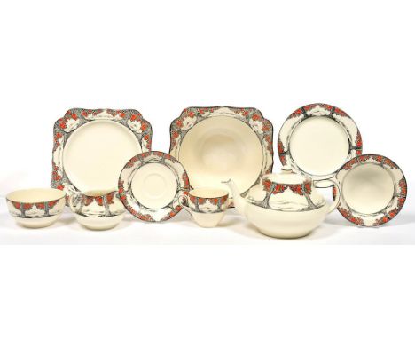 AN A J RICHARDSON &amp; CO CROWN DUCAL TREES AND FRUIT TEA SERVICE, C1925 teapot 13cm h, printed mark (50)++Good overall cond