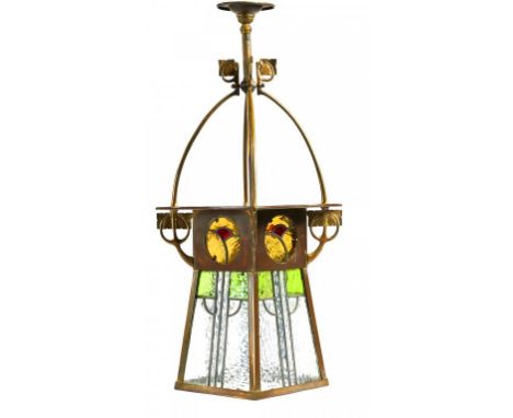 AN ART NOUVEAU BRASS AND LEADED GLASS HALL LANTERN, C1905  of flared square shape with stylised leaf cast brackets, 72cm h ov