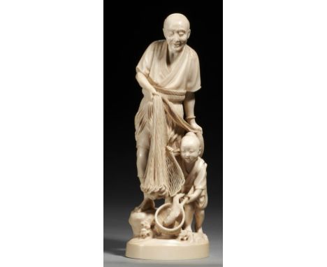 A TOKYO SCHOOL ONE PIECE IVORY OKIMONO OF A FISHERMAN AND CHILD, MEIJI PERIOD signed Hidemitsu on a red lacquer reserve, 34cm