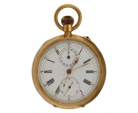 A SWISS 18CT GOLD KEYLESS LEVER CHRONOGRAPH WATCH SUPPLIED BY DENT, LONDON  with enamel dial and gold hands, gold cuvette eng