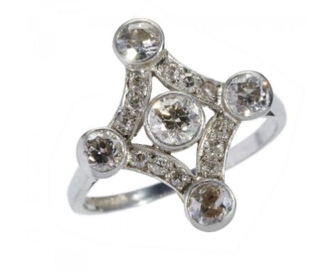 AN ART DECO DIAMOND RING, C1930  with five larger collet set old cut diamonds, in platinum, marked PLATINUM, 5.6g, size Q++Tw