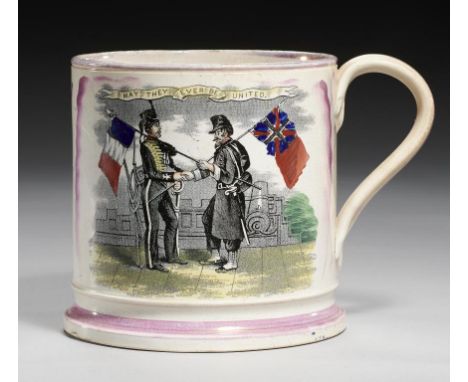 A SUNDERLAND LUSTRE CRIMEAN WAR COMMEMORATIVE PORTER MUG, MID 19TH C   with  two black transfer prints picked out in enamels,