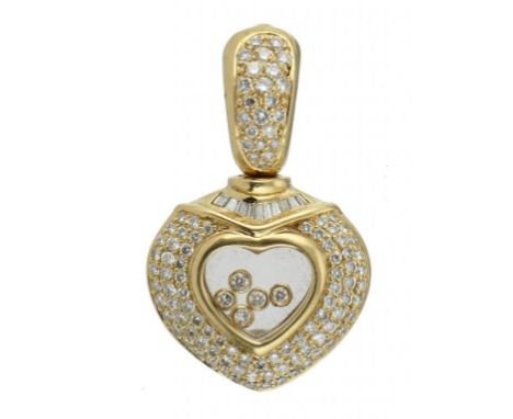 A DIAMOND PENDANT of heart shape and pavé set with round brilliant and trapeze cut diamonds, containing loose diamonds, in go