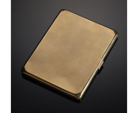 A GEORGE V 9CT GOLD CIGARETTE CASE  engine turned, 10.6cm l, maker's mark poorly struck, Birmingham 1931, 130.8g++Minor surfa